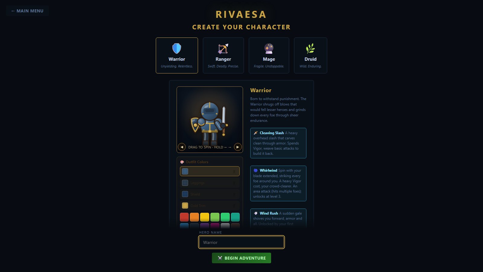 Rivaesa's character creation screen showing four class cards, a rotating warrior portrait, outfit colour pickers and the class ability list