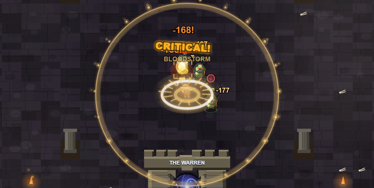 Inside the Forest Warren in Rivaesa: a torchlit stone hall, goblins caught in a golden ring of damage, a critical hit landing, and the lit Warren gate below