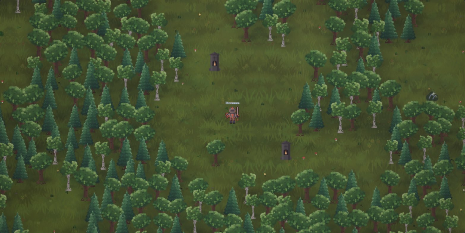 Dense Elderwood forest in Rivaesa: birch and pine canopy across a clearing, a lit zone gate on the path, and the player's armoured hero standing in the middle of it