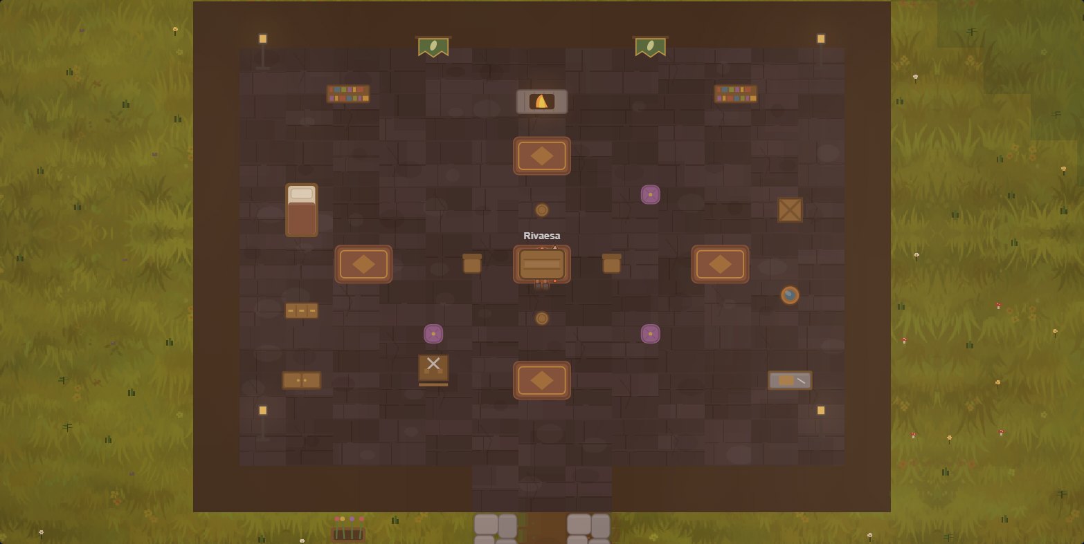 A player's furnished cabin on their private homestead plot in Rivaesa, seen from above, with a bed, table, chairs, hearth, bookshelves and rugs laid out inside