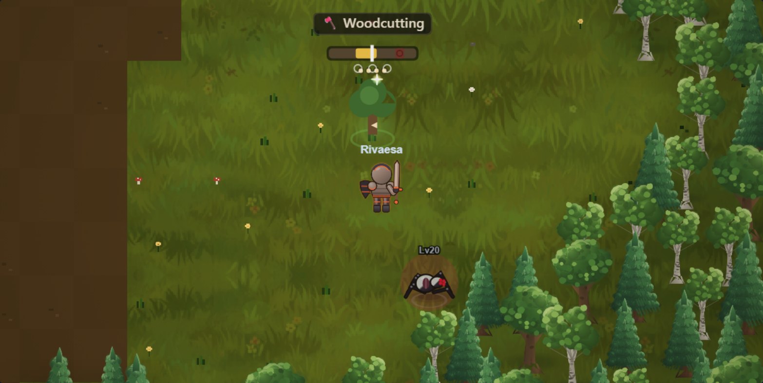 A woodcutting timing minigame in Rivaesa: a marker sweeping across a meter toward a gold band while the hero chops a sapling in the forest
