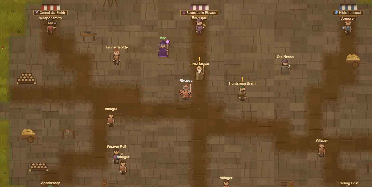 The village square of Elderwood in Rivaesa, with named quest-giver villagers, canopied market stalls, a weaponsmith, an armorer and a boutique around the flagstones