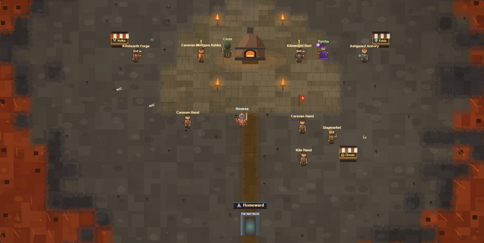 The kiln settlement of Kilnhearth in Rivaesa's Emberwilds: stalls, braziers and a great glowing kiln on grey ash, with a molten lava sea burning down both edges of the frame